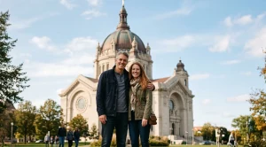 A couple in front of the cathedral of saint paul in minnesota. (Generated with AI)