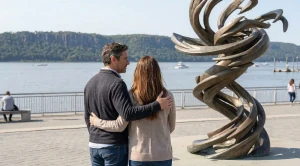 A couple looking at the yonkers whirlwind at the waterfront. (Generated with AI)