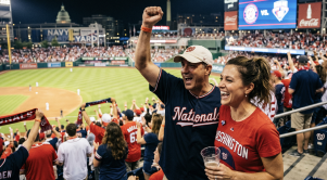 A couple cheering on a game of baseball at navy yard. (Generated with AI)