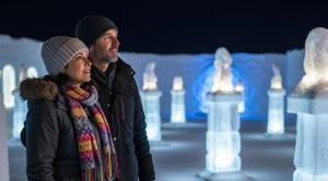 A couple visiting the alaska ice sculptures in faribanks on a date. (Generated with AI)