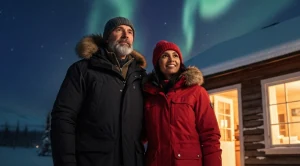 A couple spending a date night at a cabin in farmers loop, fairbanks. (Generated with AI)