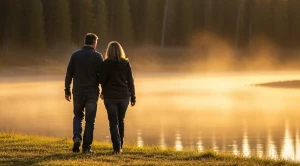 A couple walking chena river on a date in fairbanks. (Generated with AI)