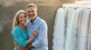 A couple exploring shoshone falls in idaho at sunset. (Generated with AI)