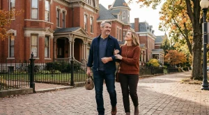 A couple strolling through historic homes in evansville, indiana. (Generated with AI)