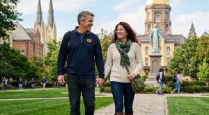 A couple walking hand in hand around the university of notre dame. (Generated with AI)