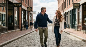 A couple walking around historic district in portland, maine. (Generated with AI)
