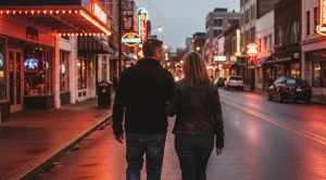 A couple strolling beale street in tennessee. (Generated with AI)