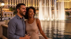 A couple walking side by side at bellagio fountain in las vegas. (Generated with AI)