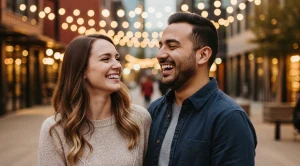 A couple smiling at each other at the container park in fremont. (Generated with AI)