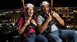 A couple enjoying the fly linq zip line in paradise, las vegas. (Generated with AI)