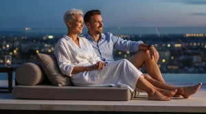 A couple relaxing at a poolside lounge in las vegas. (Generated with AI)