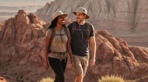 A couple hiking at red rock canyon near las vegas. (Generated with AI)