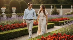 A couple walking side by side through conservatory garden in New York City. (Generated with AI)