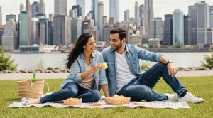 A couple enjoying a picnic at gantry plaza state park in new york city. (Generated with AI)