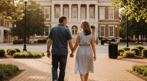 A couple strolling courthouse square hand in hand in newnan. (Generated with AI)