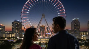 A couple staying in front of the Wheel in Icon Park, Orlando. (Generated with AI)
