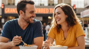 A couple sharing bites on a date at grand central market in Los Angeles. (Generated with AI)