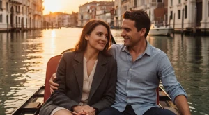 A couple enjoying a canal ride in Venice, Los Angeles. (Generated with AI)