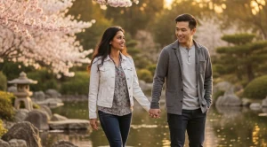 A couple walking hand in hand through the japanese friendship gardens in San Diego. (Generated with AI)