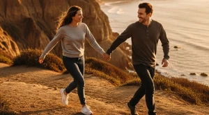 A couple walking hand in hand at cliffs natural park while sunset. (Generated with AI)
