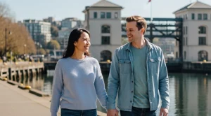 A couple walking hand in hand at the ballard locks in seattle. (Generated with AI)