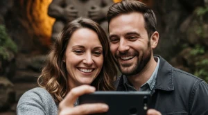 A couple taking a selfie under the famous fremont troll. (Generated with AI)