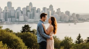 A couple enjoying the views of seattle skyline from kerry park. (Generated with AI)