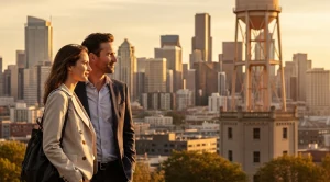 A couple stand side by side on a rooftop, watching the sunset over Seattle's water tower. (Generated with AI)