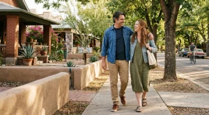 A couple strolling tree lined streets in sam hughes, tucson. (Generated with AI)
