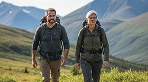 A couple hiking with backpacks. (Generated with AI)