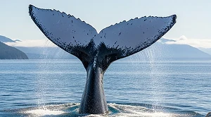 caudal fin of a whale outside the water.
(Generated with AI)