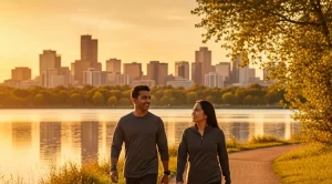 A couple walking at sunset at the Sloan Lake in Denver (Generated with AI)