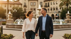 A couple strolling country club plaza in Kansas City. (Generated with AI)