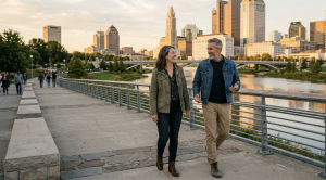 A couple walking the scioto mile in columbus on a date. (Generated with AI)