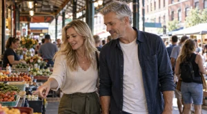 A couple strolling through findlay market in cincinnati. (Generated with AI)