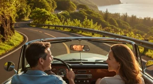 A couple in the car at the coast, on their way to hana, hawaii. (Generated with AI)