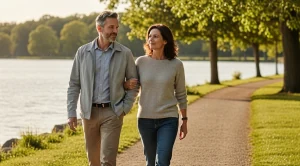 A couple strolling around lake mendota hand in hand. (Generated with AI)