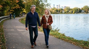 A couple strolling at lake of the isles in minneapolis. (Generated with AI)