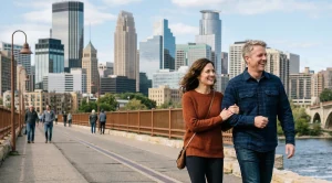 A couple strolling on the stone arch bridge in minneapolis. (Generated with AI)