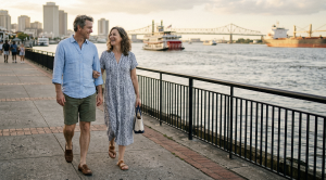 A couple walking hand in hand next to the mississippi river, new orleans. (Generated with AI)