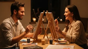 A couple having a date night, painting at home on canvas. (Generated with AI)
