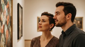 A couple visiting the portland art museum and looking at art together.  (Generated with AI)