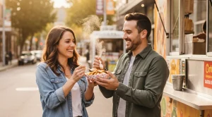 A couple sharing bites on a food court tasting tour in portland. (Generated with AI)