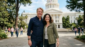 A couple in front of the california state capitol building in sacramento. (Generated with AI)