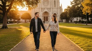 A couple walking side by side at sunset around san francisco cathedral. (Generated with AI)