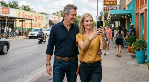 A couple taking pictures at south congress ave in austin, texas. (Generated with AI)