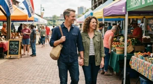 A couple hand in hand at the little rock river market. (Generated with AI)