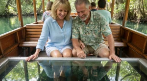 A couple in Silver Springs enjoying a glass-bottomed boat ride. (Generated with AI)