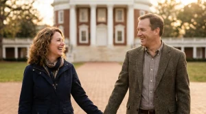 A couple strolling hand in hand at the university of virginia campus. (Generated with AI)