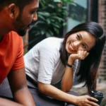 A woman and a man sitting, chatting and smiling at each other, showing how to get a guy to ask you out